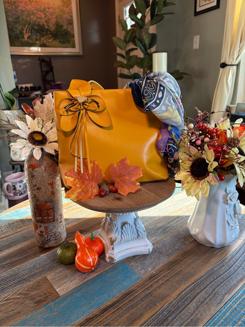 Paolo Masi Mustard Yellow Leather Floral Tote Made in Italy